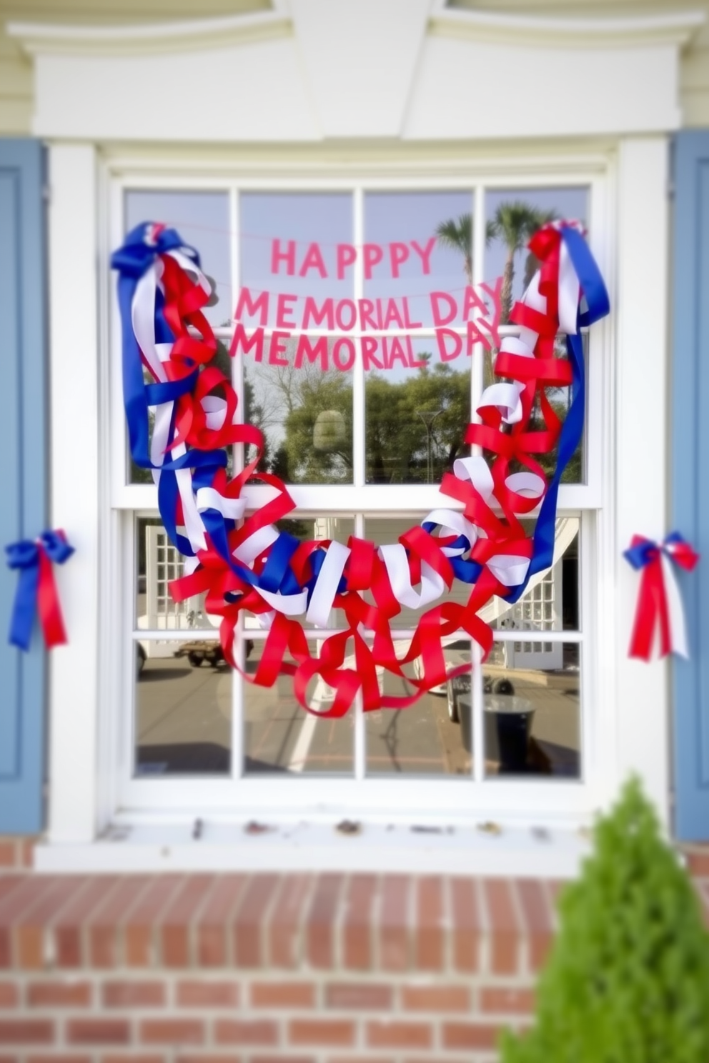 A festive window display adorned with red white and blue ribbon garlands celebrating Memorial Day. The garlands are draped gracefully across the window frame creating a vibrant and patriotic atmosphere.