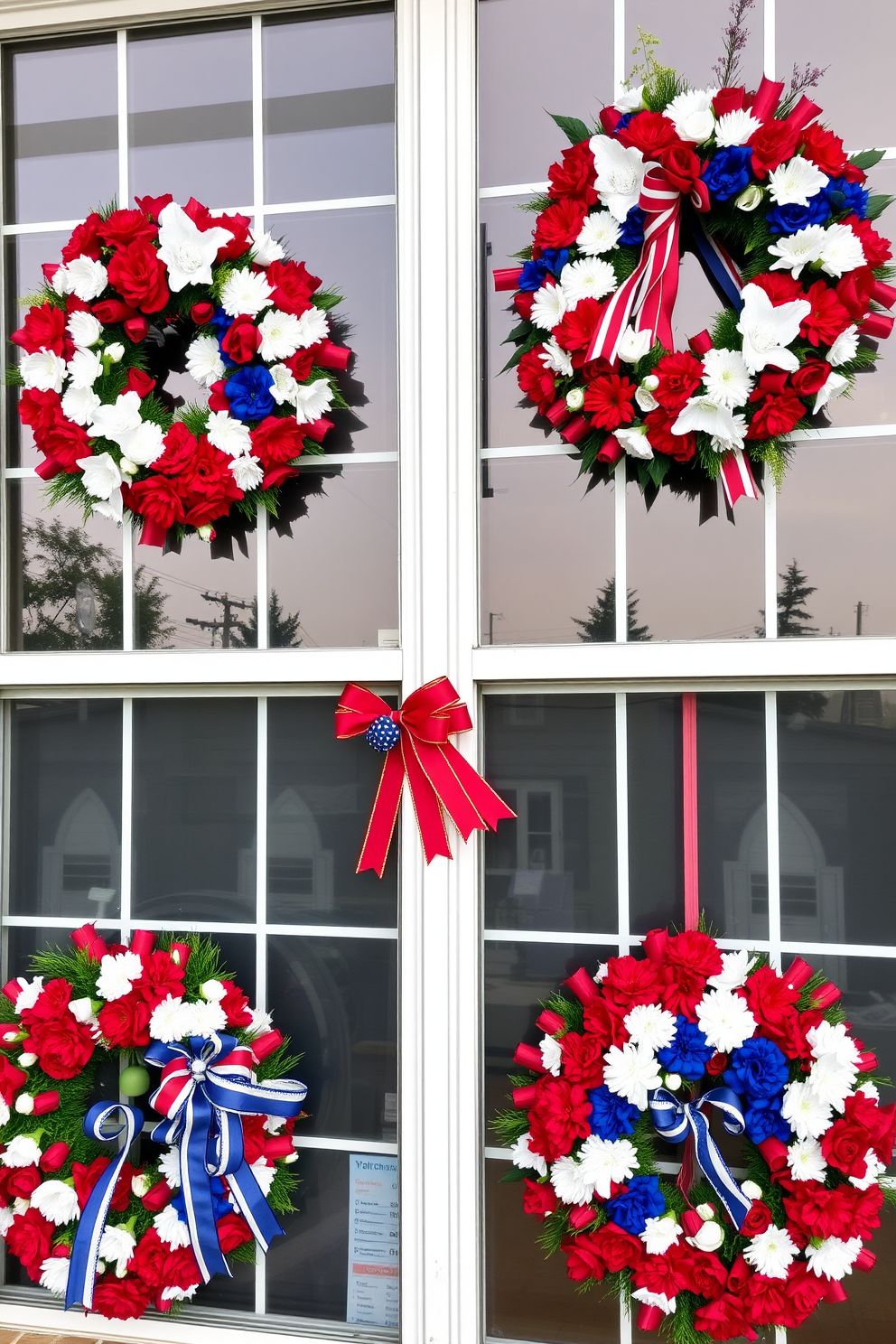 A collection of patriotic wreaths adorns the windows, showcasing vibrant red, white, and blue colors. Each wreath is crafted with an assortment of flowers and ribbons, creating a festive and welcoming atmosphere for Memorial Day.