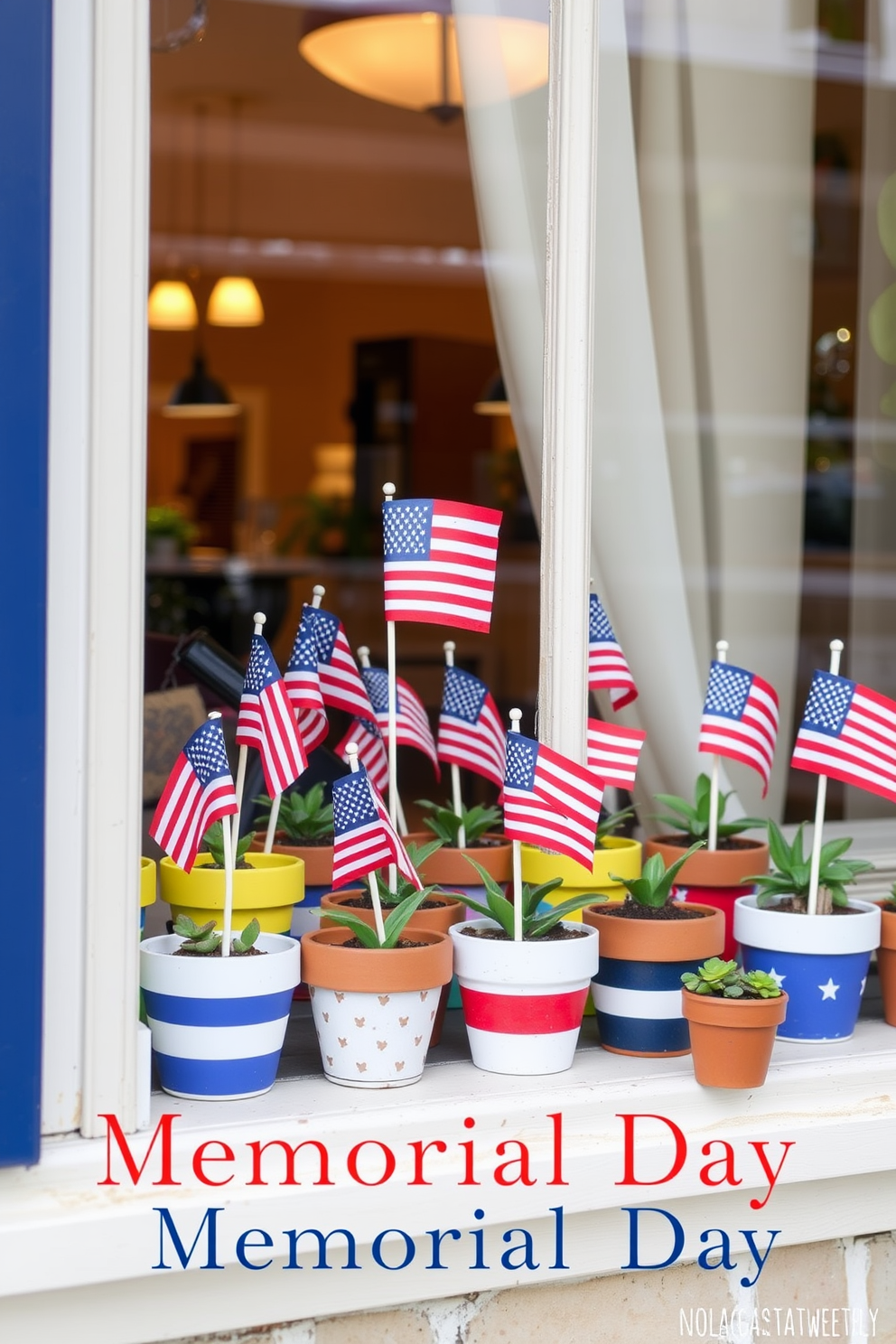 A festive window display featuring miniature flags in decorative pots arranged in a charming manner. The pots are made of terracotta and painted in bright colors, creating a vibrant and patriotic atmosphere for Memorial Day.