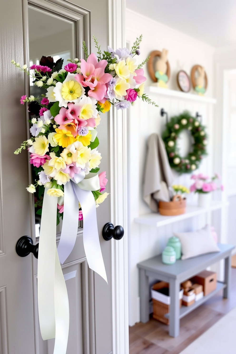 A bright pastel wreath adorned with an array of colorful flowers and ribbons hangs elegantly on the front door. The mudroom is beautifully decorated for Easter, featuring cheerful pastel accents and seasonal decor that create a warm and inviting atmosphere.