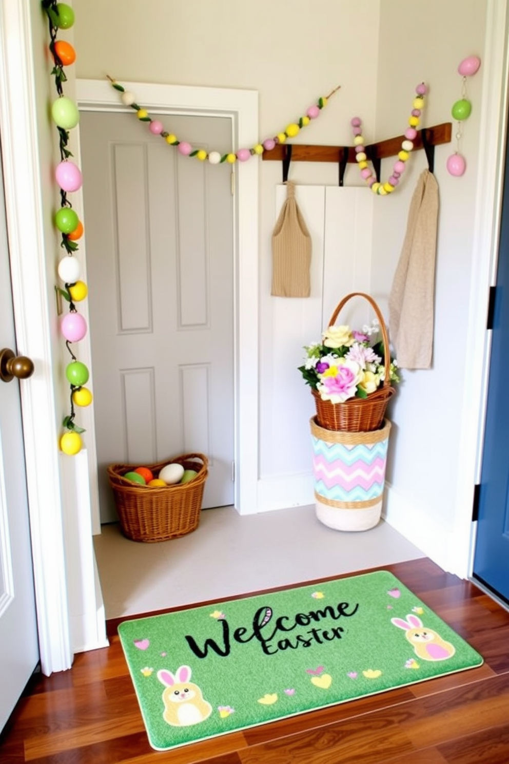 A cute welcome mat with an Easter theme is placed at the entrance of the mudroom. The mat features pastel colors and playful bunny designs, creating a cheerful atmosphere for guests. The mudroom is decorated with Easter-themed accents, including colorful egg garlands hanging on the walls. A basket filled with faux flowers and decorative eggs sits in the corner, enhancing the festive ambiance.