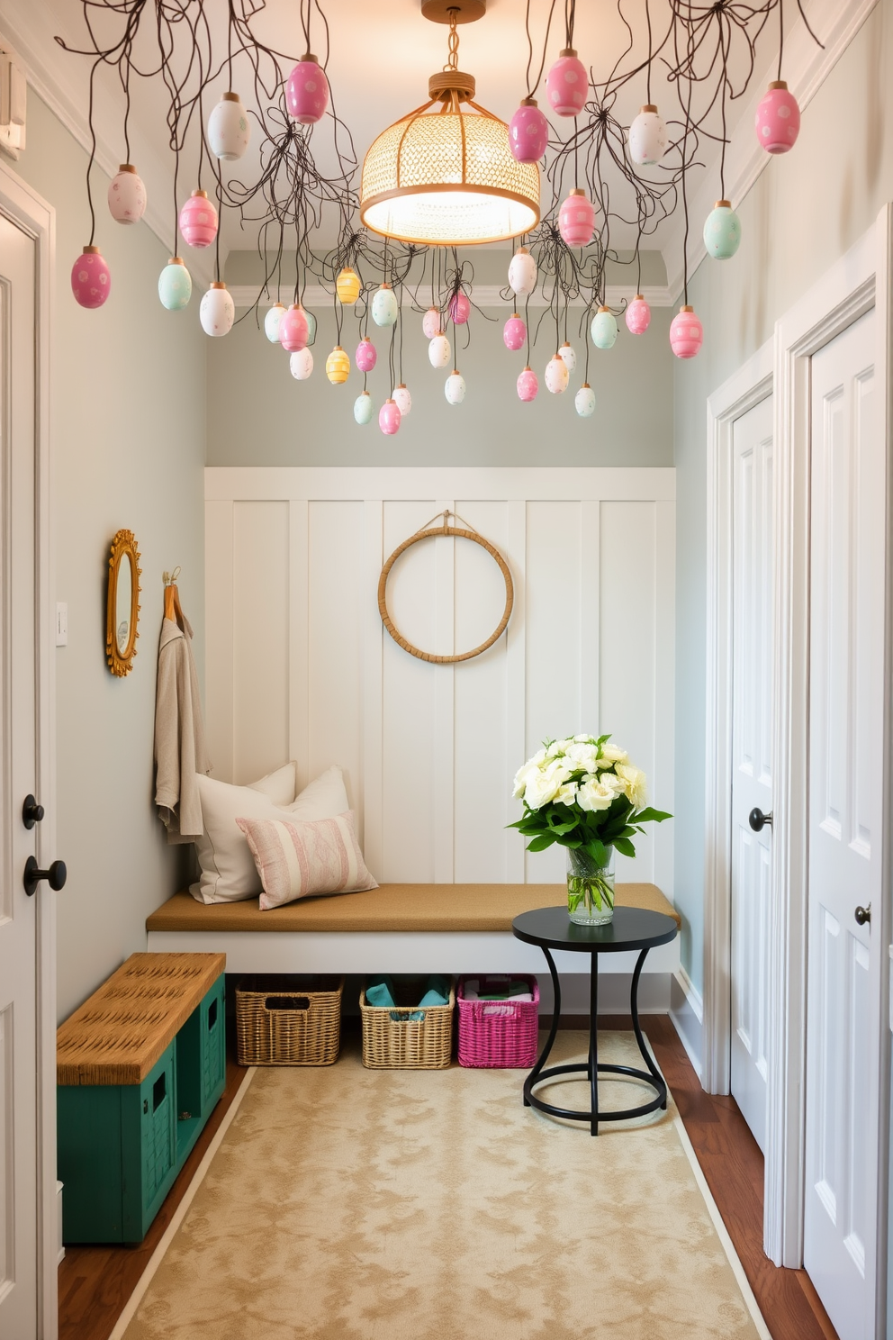 A cozy mudroom adorned with hanging egg ornaments from the ceiling creates a festive atmosphere. The space features a bench with soft cushions, and colorful baskets are neatly arranged for storage. Light pastel colors dominate the walls, complemented by a patterned rug that adds warmth. Fresh flowers in a vase sit on a small table, enhancing the cheerful Easter decor.