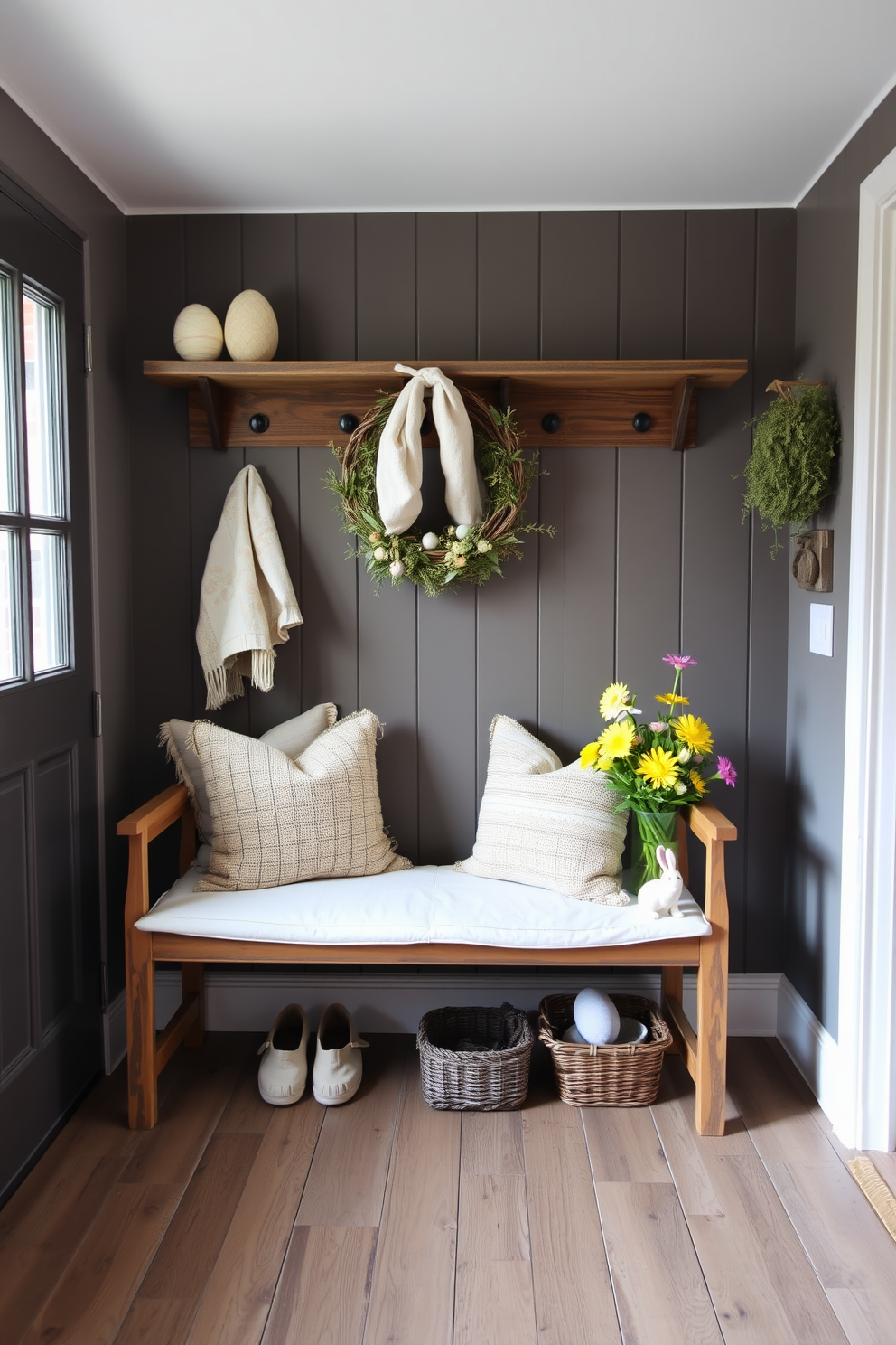 A rustic wooden bench with soft, inviting cushions is placed against the wall of a cozy mudroom. The space is adorned with Easter decorations, including pastel-colored eggs and cheerful floral arrangements, creating a warm and festive atmosphere.