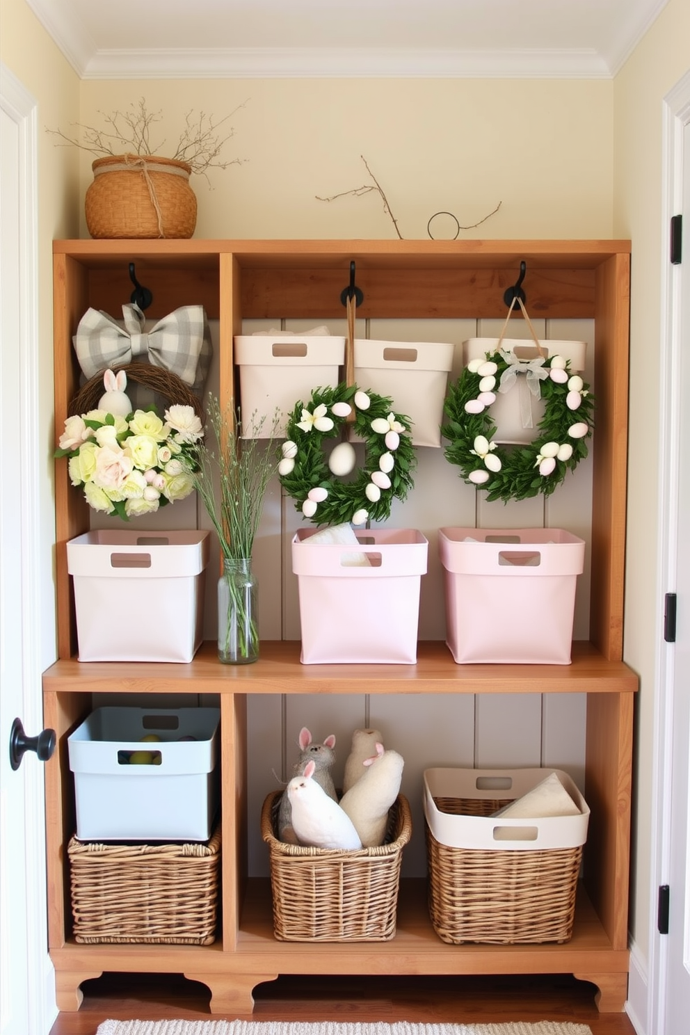 A cozy mudroom featuring pastel-colored storage bins neatly arranged on open shelves. The walls are painted in a soft cream hue, and a rustic bench with hooks above provides a welcoming touch for guests. For Easter decorating ideas, incorporate pastel accents with floral arrangements and themed decor. Delicate wreaths adorned with soft-colored eggs can be hung on the door, creating a cheerful entryway.