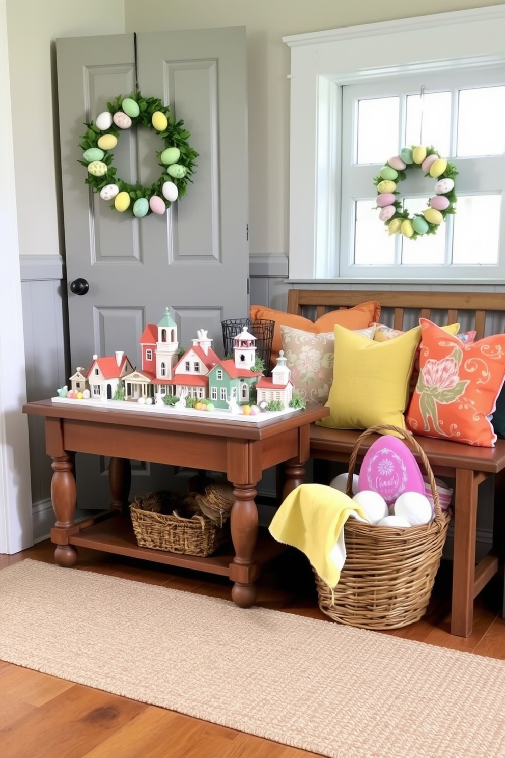 A charming miniature Easter village display is arranged on a rustic wooden table. The village features pastel-colored houses, bunnies, and eggs, creating a whimsical atmosphere. The mudroom is adorned with festive Easter decorations, including a wreath made of colorful eggs hanging on the door. A bench is accessorized with vibrant throw pillows and a basket filled with seasonal flowers.