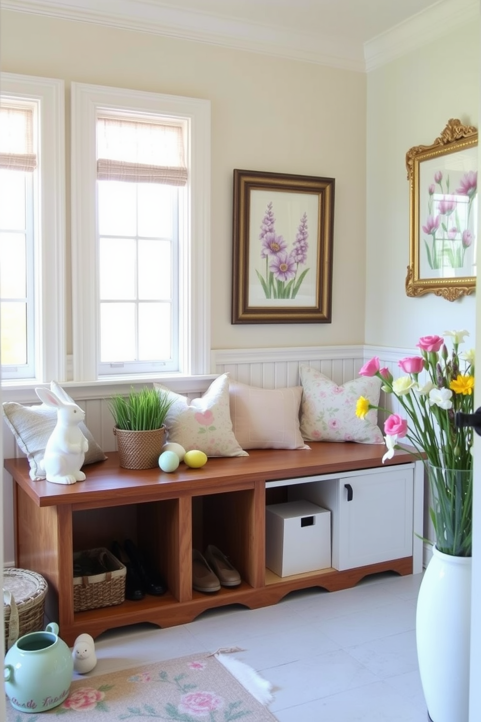 A bright and inviting mudroom features spring-themed artwork in elegant frames adorning the walls. The decor includes pastel colors and floral patterns, complemented by a cozy bench and storage solutions for shoes and outdoor gear. Easter decorations enhance the space with playful touches like bunny figurines and colorful eggs, creating a festive atmosphere. Fresh flowers in vases add a natural element, bringing the spirit of spring indoors.