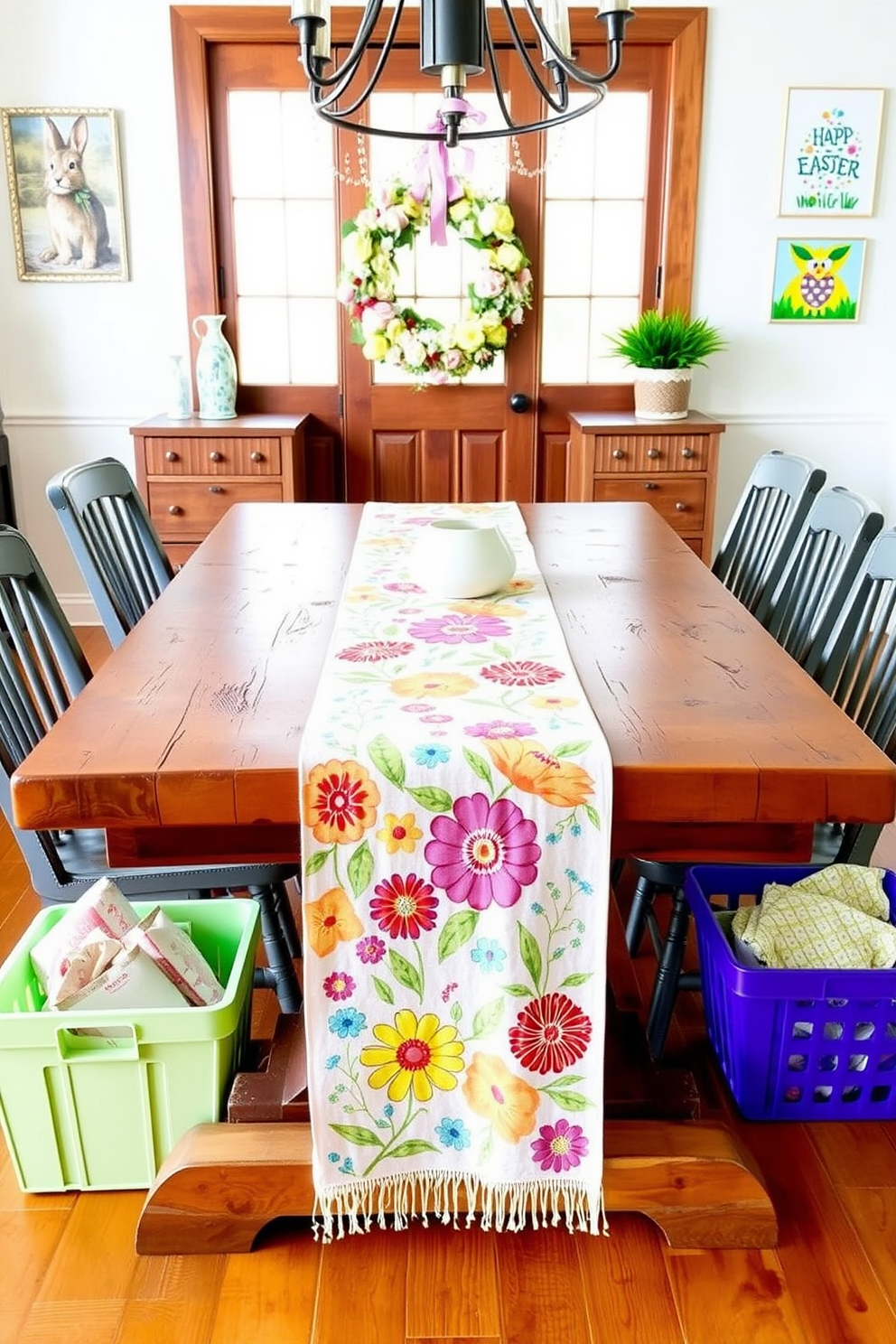 A colorful table runner with floral patterns drapes elegantly across a rustic wooden dining table. The vibrant colors and intricate designs of the flowers create a cheerful and inviting atmosphere for gatherings. For mudroom Easter decorating ideas, consider incorporating pastel-colored storage bins and decorative baskets to hold seasonal items. Add a wreath made of spring flowers on the door and hang colorful Easter-themed artwork on the walls to enhance the festive spirit.