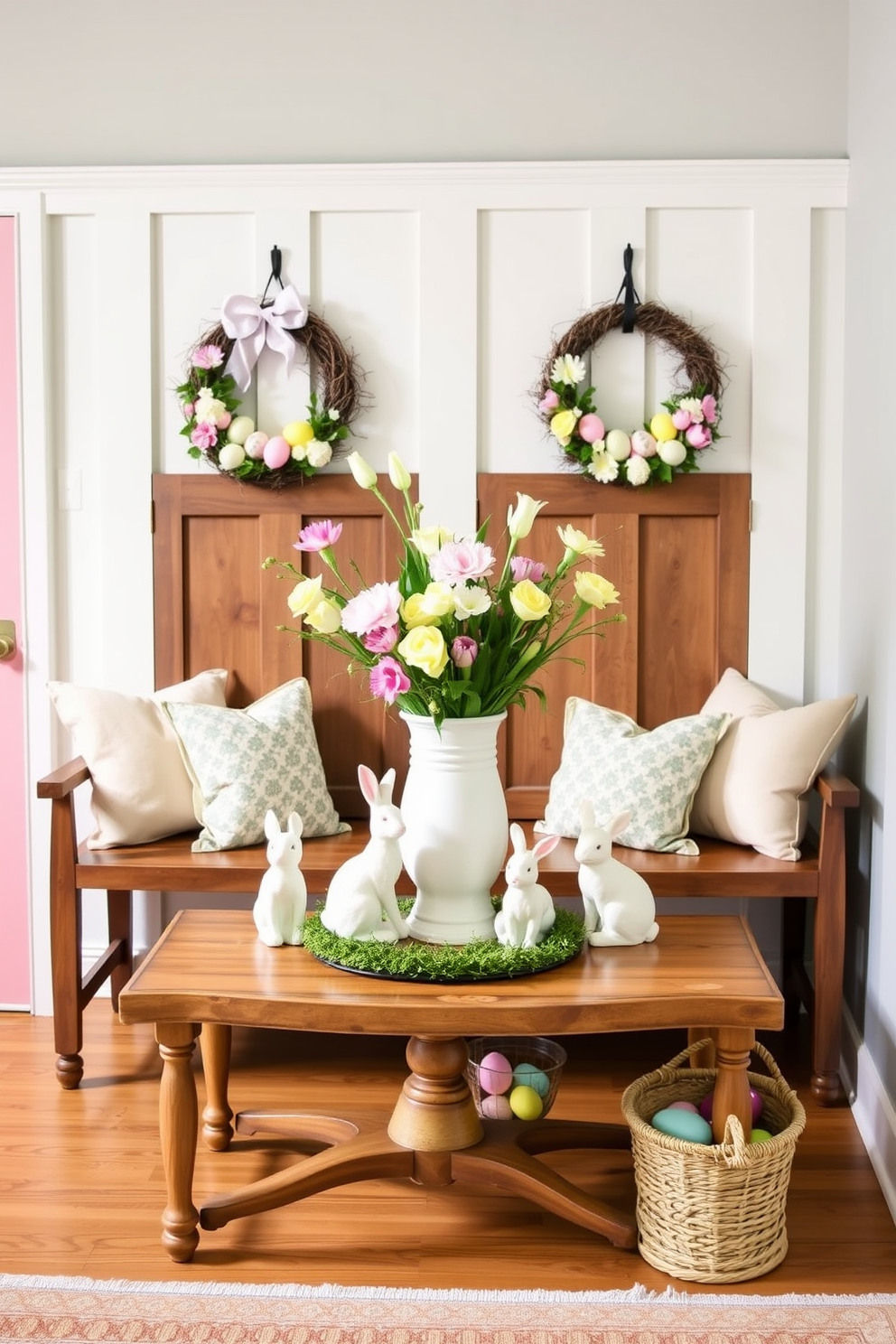 Bunny-themed table decor for entryway. A charming table is adorned with pastel-colored bunny figurines, surrounded by fresh spring flowers in a white vase, creating a welcoming atmosphere. Mudroom Easter Decorating Ideas. The mudroom features a decorative wooden bench with soft cushions, accented by Easter-themed wreaths on the walls and colorful baskets filled with decorative eggs.