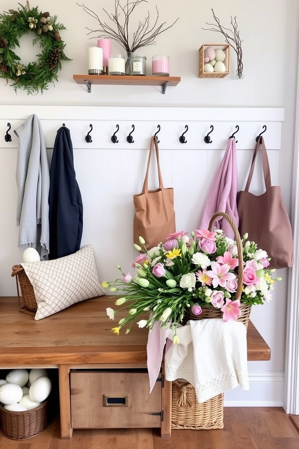 A cozy mudroom filled with seasonal scents from beautifully arranged scented candles. The space features a rustic bench with storage below and a wall of hooks for hanging coats and bags. Easter decorations bring a cheerful vibe with pastel-colored eggs and floral arrangements. A large basket filled with fresh flowers sits on the bench, enhancing the festive atmosphere.