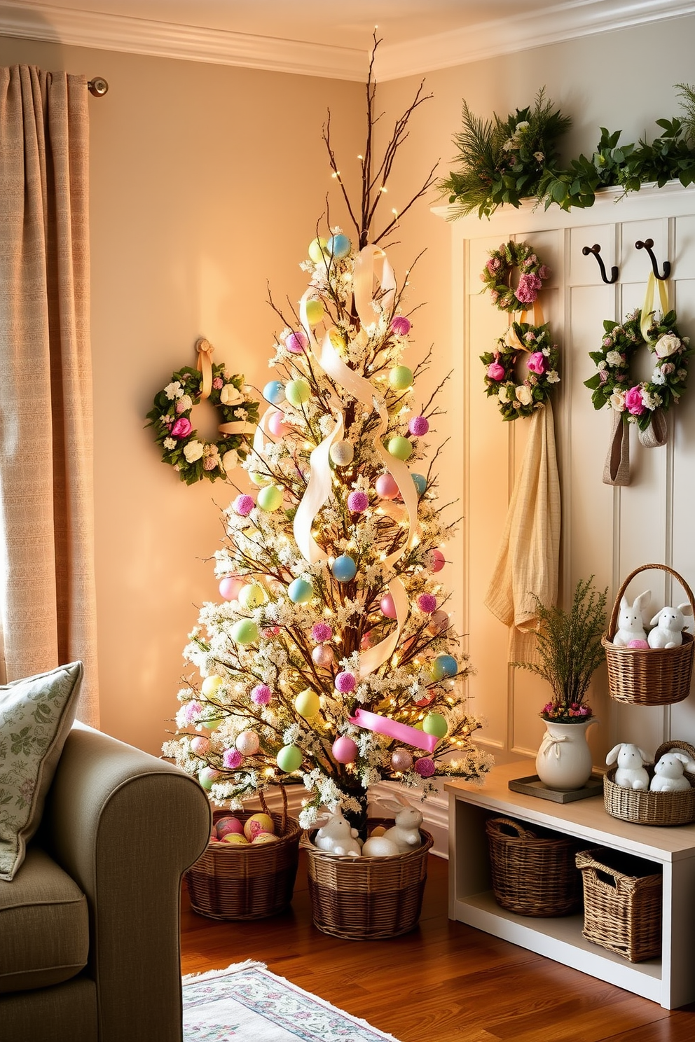 A beautifully decorated Easter tree stands in the corner of a cozy living room. The tree is adorned with colorful ornaments, pastel ribbons, and delicate fairy lights that create a warm and festive atmosphere. The mudroom features charming Easter decorations that bring a touch of spring indoors. Wreaths made of fresh flowers hang on the hooks, and decorative baskets filled with eggs and bunnies add a playful touch to the space.