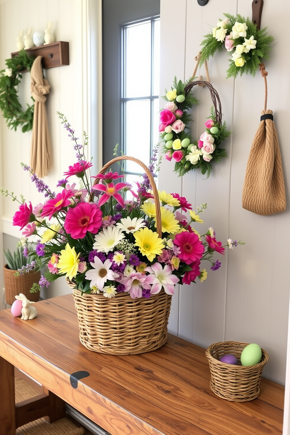 A charming floral arrangement is displayed in a woven basket, showcasing vibrant blooms of various colors. The basket is placed on a rustic wooden bench, adding a touch of warmth to the mudroom. Easter decorations are tastefully arranged around the mudroom, featuring pastel-colored eggs and delicate bunny figurines. A cheerful wreath adorned with spring flowers hangs on the door, welcoming guests with seasonal flair.