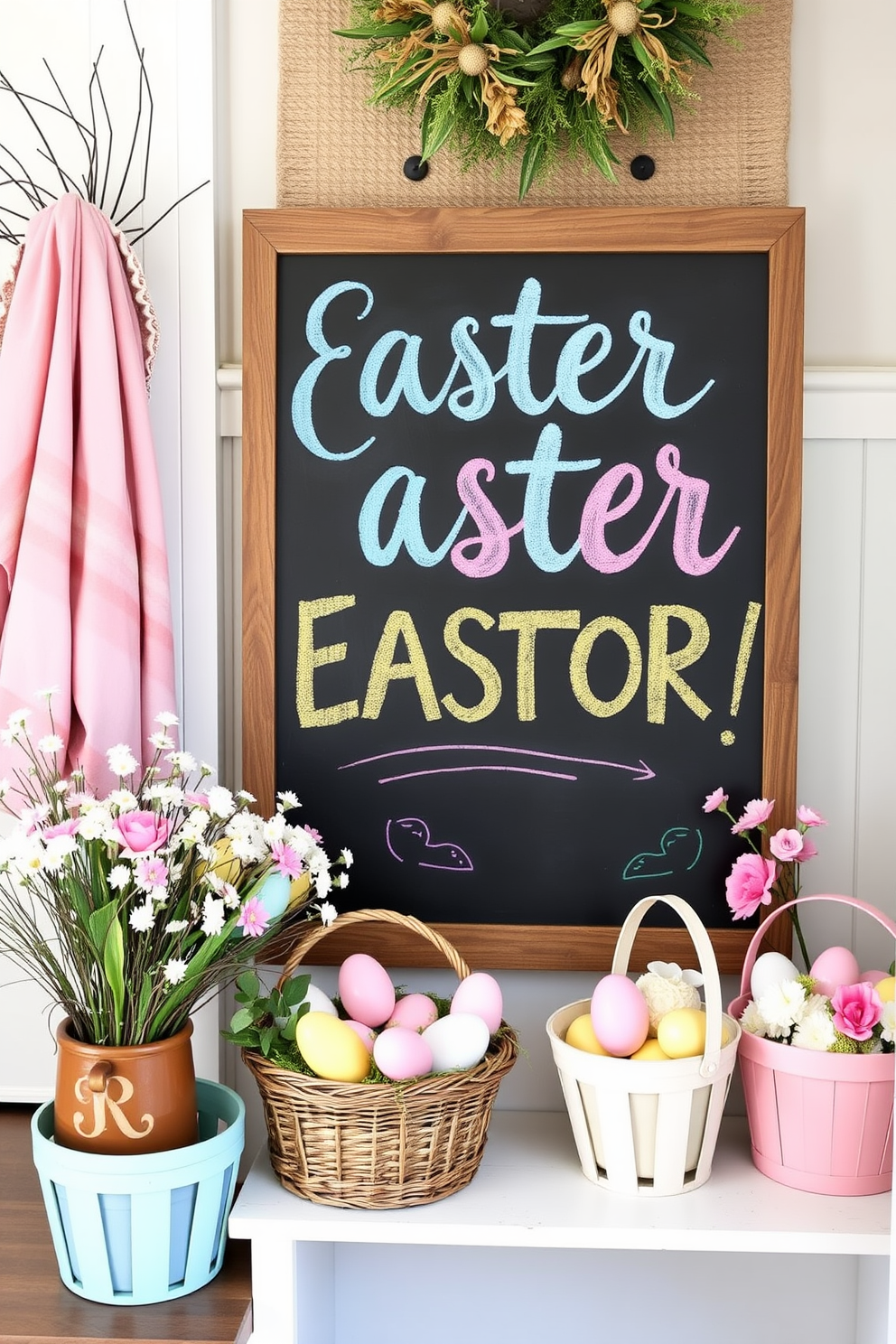 A charming mudroom decorated for Easter features a large chalkboard sign with cheerful Easter greetings written in colorful chalk. Surrounding the sign, there are pastel-colored baskets filled with decorative eggs and spring flowers, creating a festive and welcoming atmosphere.