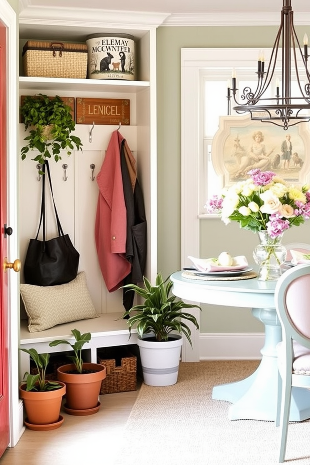 A welcoming mudroom with potted plants strategically placed near the entrance. The space features a built-in bench with storage underneath and hooks for coats, creating an organized and fresh atmosphere. For Easter decorating ideas, envision a cheerful dining area adorned with pastel-colored table settings. Fresh flowers in decorative vases complement the seasonal decor, adding a festive touch to the space.