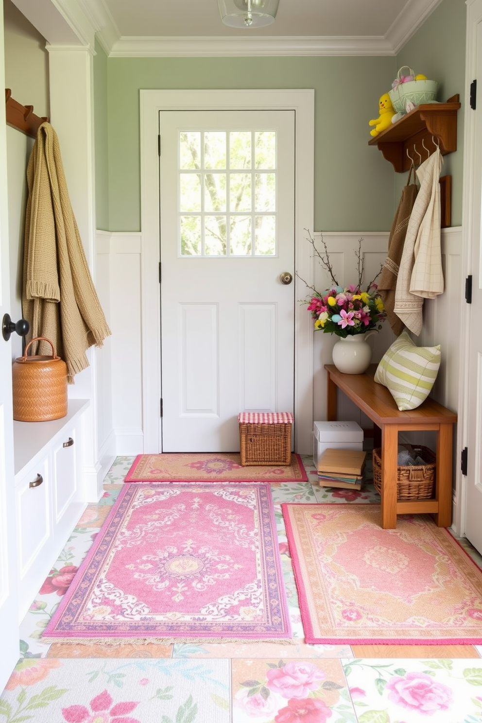 A cozy mudroom adorned with layered rugs in vibrant spring colors. The floor features a mix of soft pastels and floral patterns, creating a welcoming atmosphere. Easter decorations are tastefully arranged throughout the space. Colorful eggs and fresh flowers are displayed on a wooden bench, adding a festive touch.