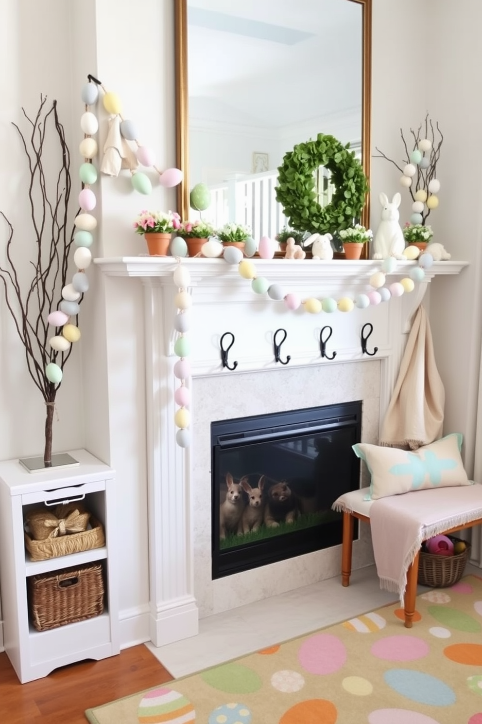 A whimsical egg garland drapes elegantly across the mantel, featuring pastel-colored eggs in various sizes and patterns. The mantel is adorned with small potted flowers and charming bunnies, creating a playful yet sophisticated Easter display. In the mudroom, cheerful decorations enhance the festive spirit with Easter-themed hooks for coats and bags. A colorful rug with egg motifs lies beneath a bench, inviting guests to sit and enjoy the seasonal decor.