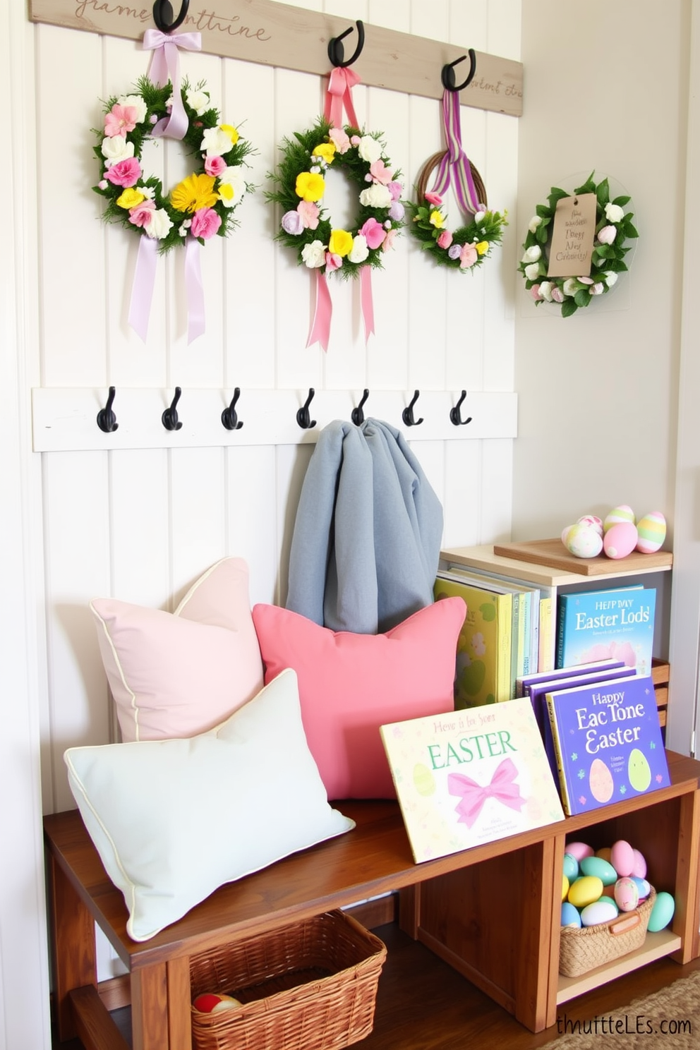 A charming mudroom decorated for Easter features a rustic wooden bench adorned with pastel-colored cushions. On the wall, there are hooks displaying festive wreaths made of spring flowers and ribbons, creating a welcoming atmosphere. Easter-themed books are neatly arranged on a shelf, showcasing vibrant covers that celebrate the holiday. A small decorative basket filled with colorful eggs sits beside the books, adding a playful touch to the display.