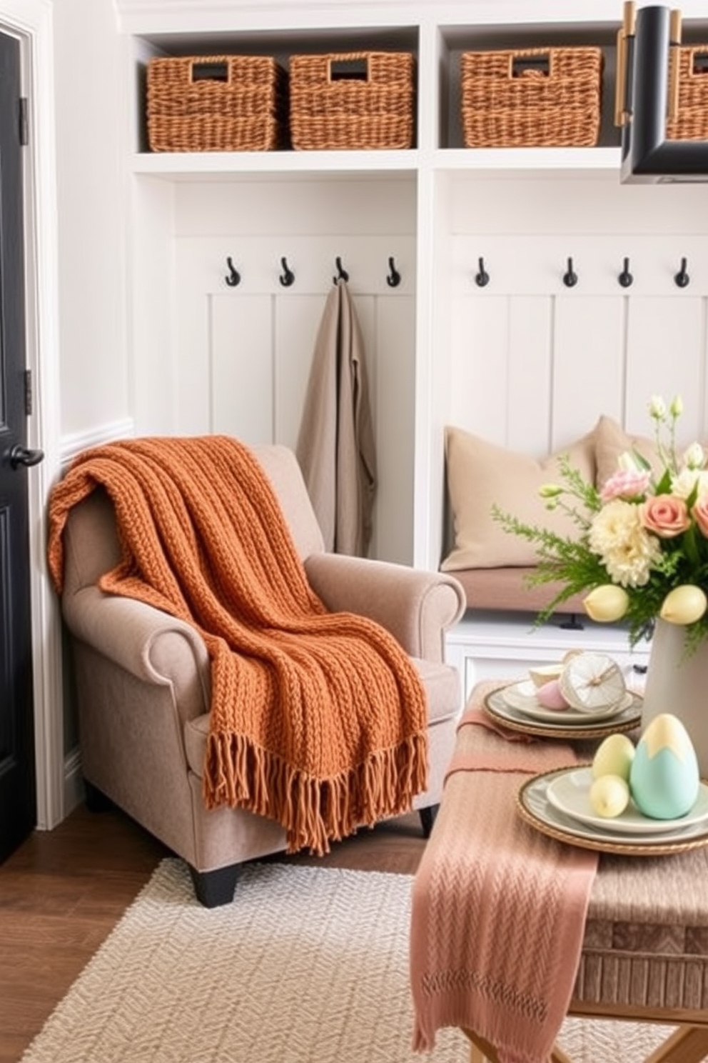 Cozy blanket draped over seating. A plush armchair is adorned with a soft knitted blanket in warm earth tones, creating an inviting atmosphere. Mudroom with functional storage. The space features built-in benches with cushioned seating and hooks for coats, accompanied by stylish baskets for organization. Easter decorating ideas. A cheerful table setting showcases pastel-colored dishes, fresh flowers, and decorative eggs, bringing a festive touch to the home.