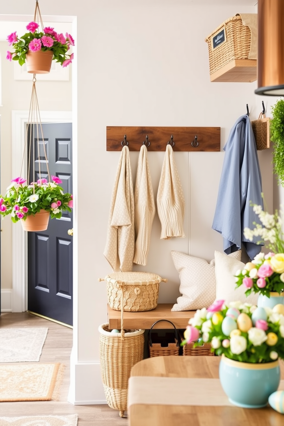 Hanging flower pots near the entryway create a warm and inviting atmosphere. These pots are filled with vibrant blooms that add a splash of color and life to the entrance of the home. The mudroom is designed with functional storage solutions and stylish decor. Hooks for coats and baskets for shoes are complemented by a cozy bench adorned with soft cushions. Easter decorating ideas include pastel-colored accents and floral arrangements. A beautifully set table with themed centerpieces and decorative eggs enhances the festive spirit throughout the home.