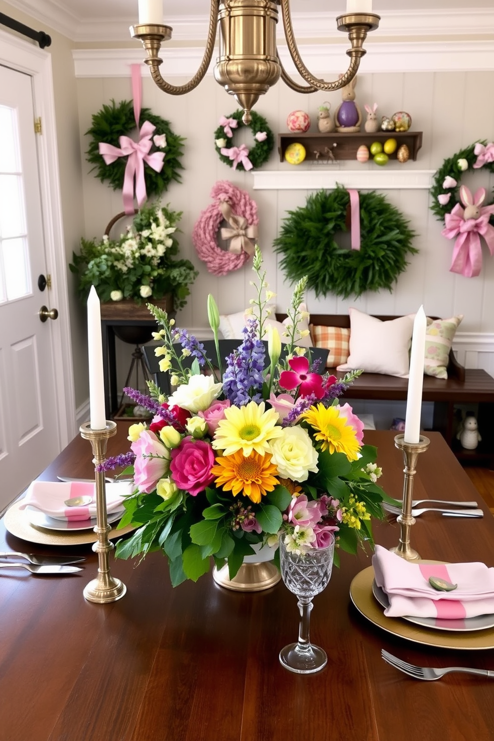 A vibrant seasonal table centerpiece features an arrangement of fresh flowers in various hues, complemented by lush greenery. Surrounding the centerpiece are elegant dinnerware and decorative candles that enhance the festive atmosphere. The mudroom is adorned with cheerful Easter decorations, including pastel-colored wreaths and bunny figurines. A cozy bench with colorful cushions invites guests to sit and enjoy the seasonal charm.