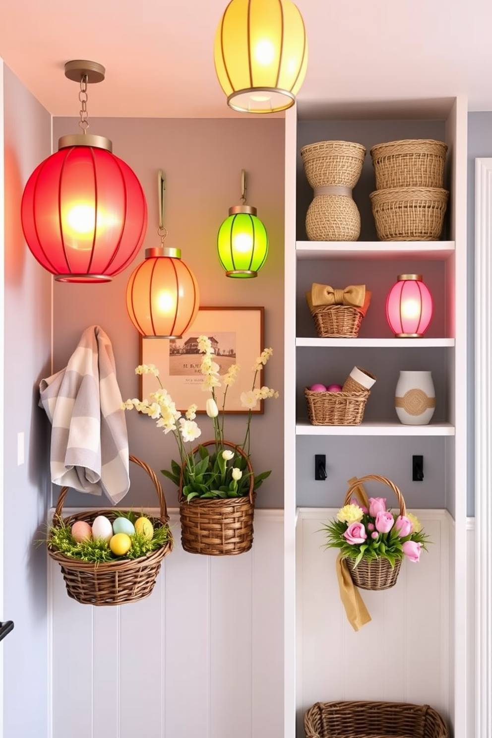 Brightly colored lanterns for ambiance. The lanterns are hung from the ceiling and placed on shelves, casting a warm glow throughout the space. Mudroom Easter Decorating Ideas. Cheerful pastel colors adorn the walls, while decorative baskets filled with eggs and spring flowers add a festive touch.