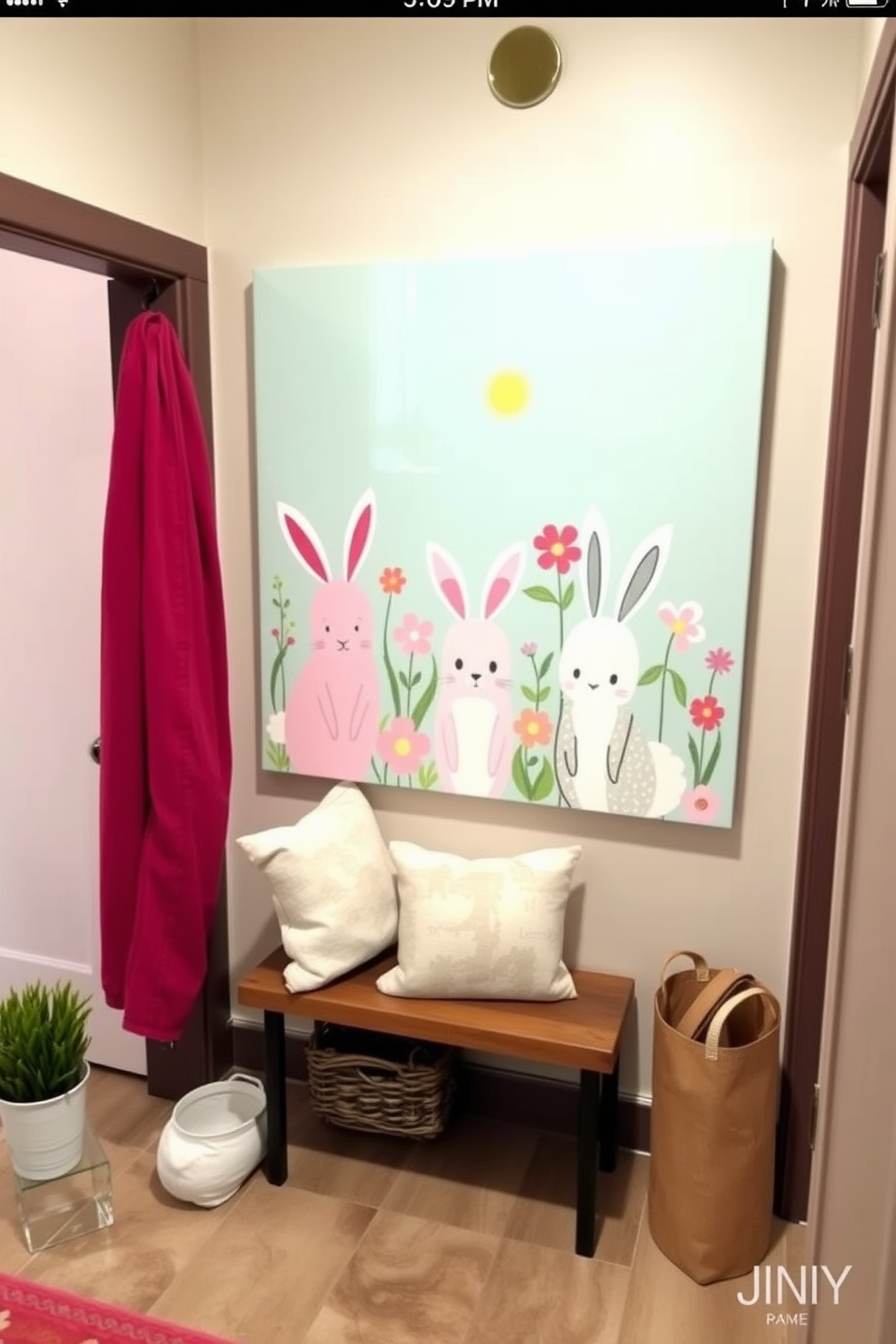 Cute bunny wall art adds a whimsical touch to the mudroom, creating a cheerful atmosphere. The art features playful bunnies in pastel colors surrounded by floral accents, perfect for celebrating Easter.