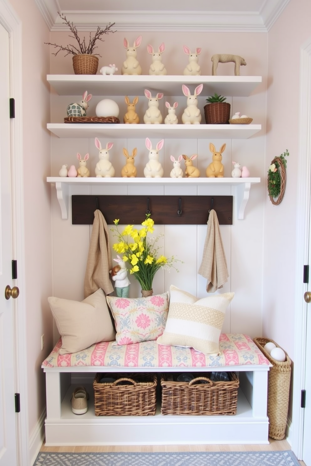 A charming mudroom decorated for Easter features shelves adorned with delightful Easter bunny figurines in various sizes and colors. The walls are painted in a soft pastel hue, and a cozy bench with colorful cushions invites guests to sit and remove their shoes.