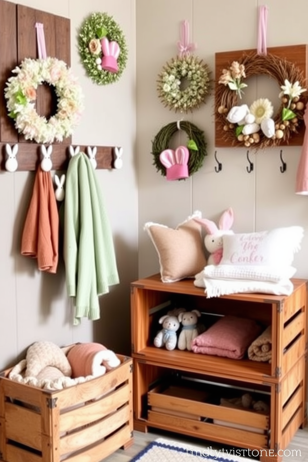 Decorative wooden crates for storage. These rustic crates are stacked in a corner, filled with cozy blankets and seasonal decor, adding warmth and charm to the space. Mudroom Easter Decorating Ideas. The mudroom features a cheerful display of pastel-colored wreaths on the wall, alongside a row of decorative hooks adorned with bunny-shaped ornaments.