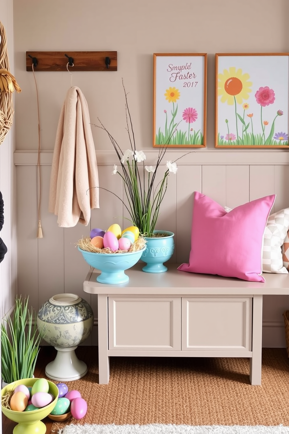 A vibrant mudroom decorated for Easter features colorful eggs nestled in decorative bowls of various sizes and designs. The walls are adorned with cheerful spring-themed artwork, and a cozy bench is placed against the wall to provide seating.