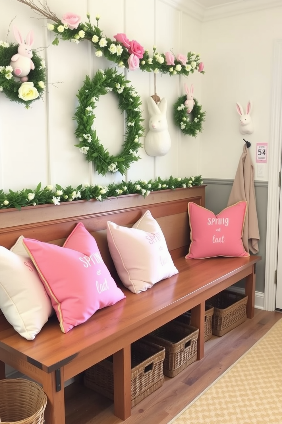 A cozy mudroom features a long wooden bench adorned with spring-themed throw pillows in pastel colors. The walls are decorated with Easter-themed accents, including floral garlands and whimsical bunny decorations, creating a cheerful and inviting atmosphere.