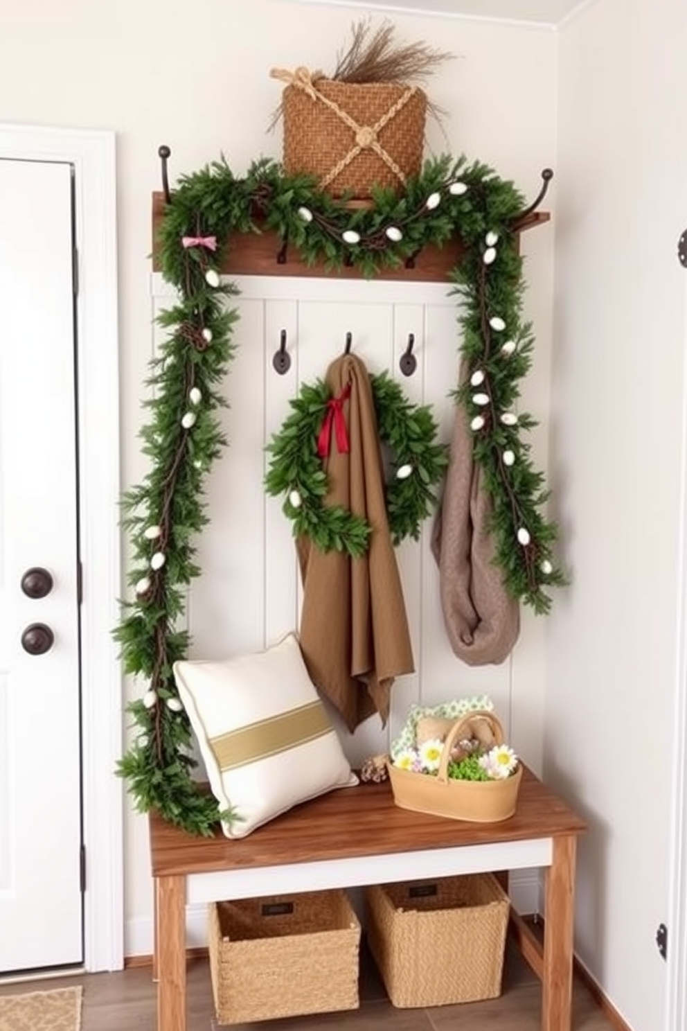 A charming mudroom adorned with a seasonal garland draped gracefully across rustic hooks. The space features a welcoming bench with soft cushions and a vibrant Easter-themed decor, creating a festive atmosphere.