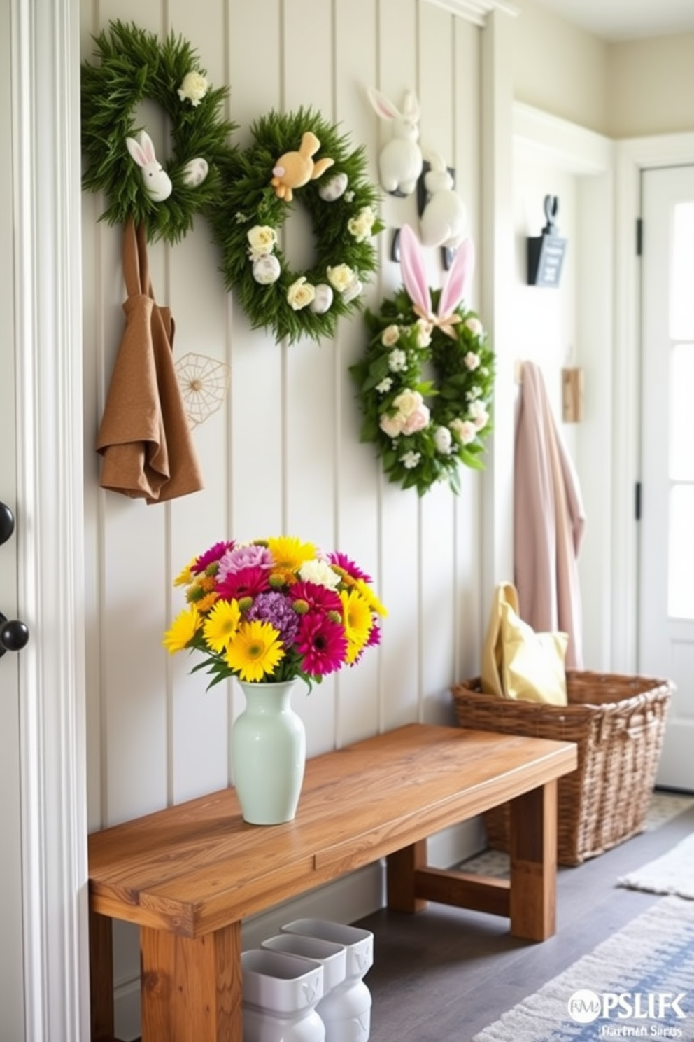 A bright and inviting mudroom features fresh flowers in vibrant vases placed on a rustic wooden bench. The walls are adorned with cheerful Easter decorations, including pastel-colored wreaths and playful bunny accents.