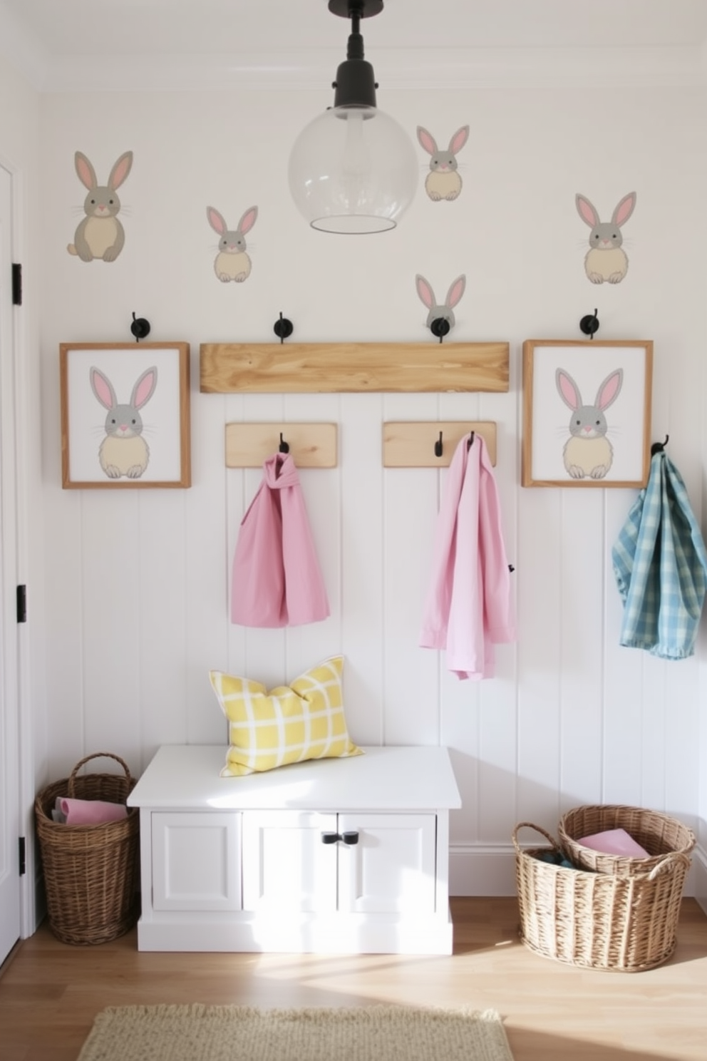 Charming bunny prints adorn the walls, creating a whimsical atmosphere in the mudroom. The decor features pastel colors and playful elements, inviting a festive spirit for Easter celebrations.