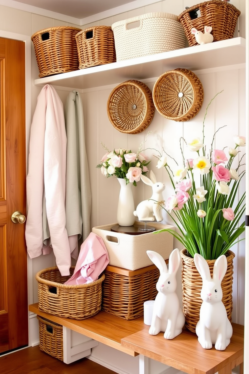 A cozy mudroom featuring decorative baskets for storage solutions. The baskets are woven in natural fibers and arranged neatly on a wooden shelf, providing both functionality and aesthetic appeal. For Easter decorating ideas, envision a bright and cheerful space adorned with pastel-colored decorations. Soft floral arrangements and playful bunny figurines are strategically placed to create a festive atmosphere.