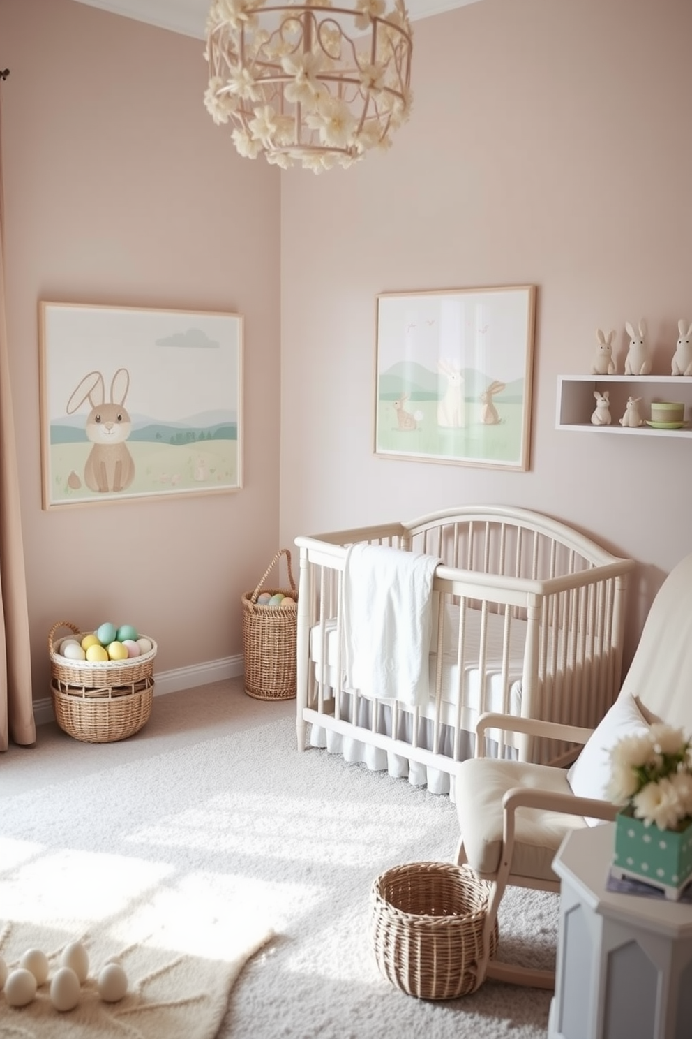 Create a serene nursery setting adorned with soft pastel colored wall art that features whimsical animals and gentle landscapes. The room is filled with light, showcasing a cozy crib draped in delicate fabrics and a plush rocking chair in the corner for quiet moments. Incorporate delightful Easter decorating ideas such as pastel colored eggs displayed in a decorative basket and cheerful bunny figurines placed on the shelves. The overall ambiance should evoke warmth and joy, making it a perfect space for both relaxation and playful imagination.