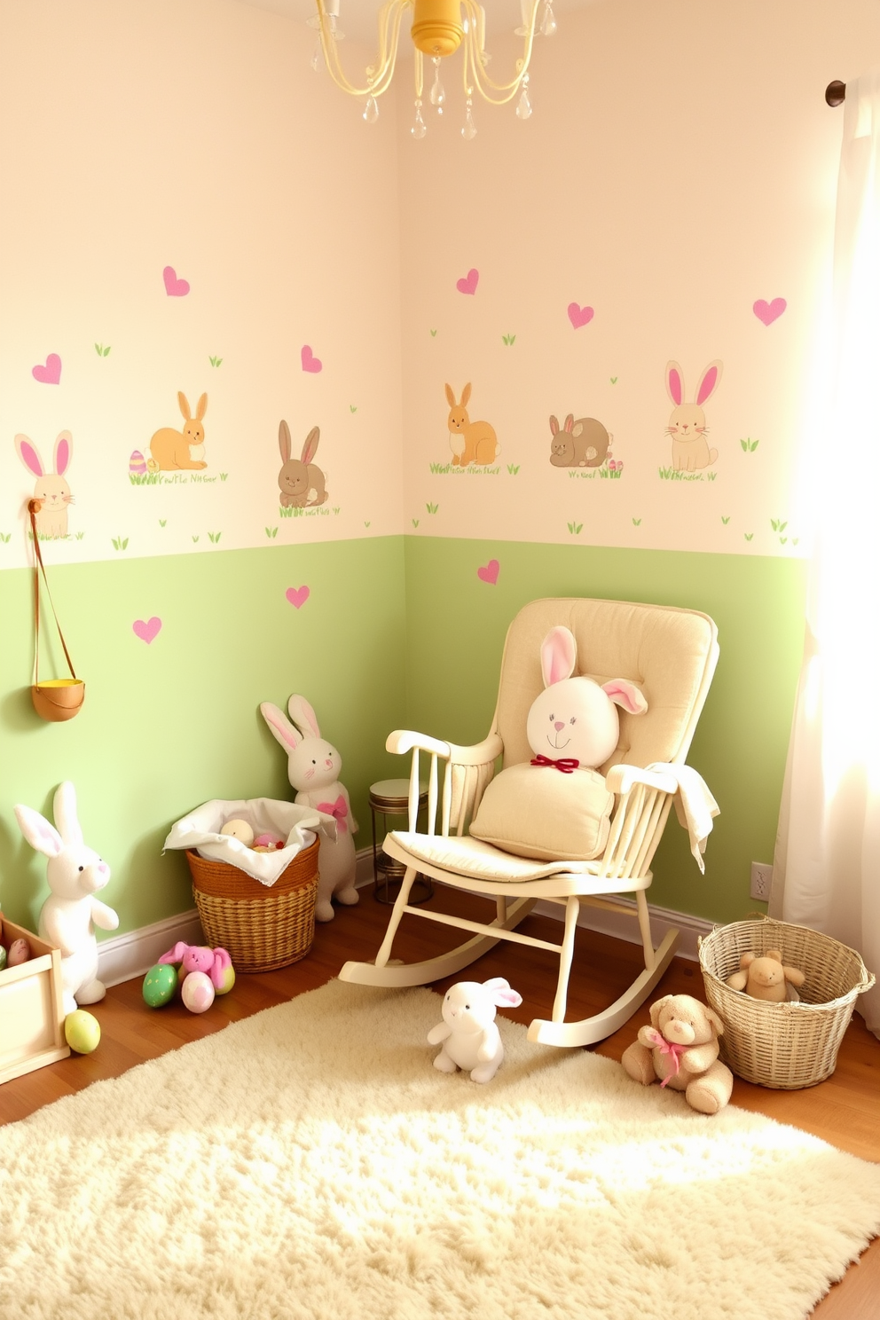 Charming wall decals featuring adorable baby animals adorn the walls of the nursery. Soft pastel colors create a warm and inviting atmosphere, perfect for a peaceful space for a baby. Easter-themed decorations add a playful touch with bunnies and eggs scattered throughout the room. A cozy rocking chair sits in the corner, surrounded by plush toys and a soft area rug.