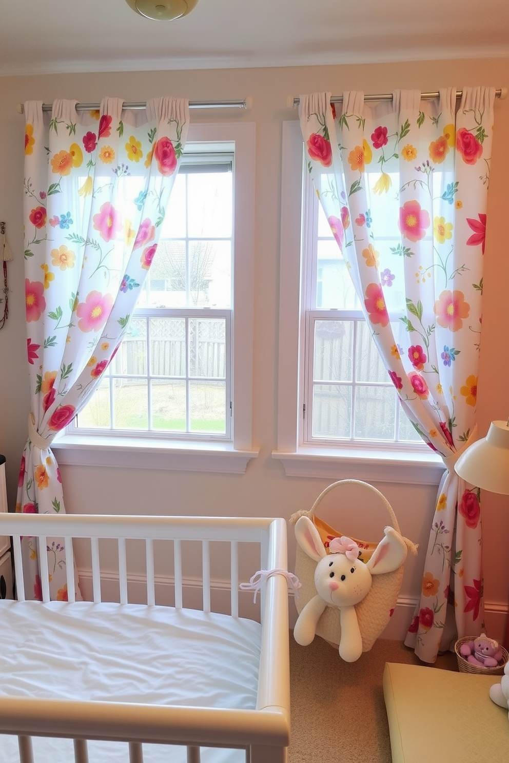 Whimsical curtains adorned with vibrant floral prints drape gracefully across the windows, creating a cheerful atmosphere. The nursery is filled with soft pastel colors, complemented by playful decor elements that celebrate the spirit of Easter.