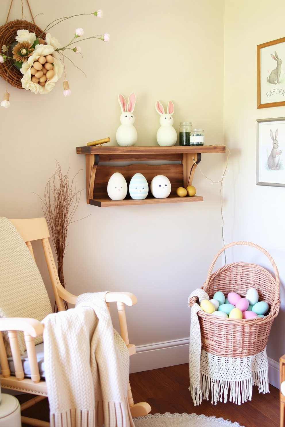 A charming nursery adorned with vintage inspired Easter decorations. Delicate pastel colors create a warm and inviting atmosphere, featuring hand-painted wooden eggs and soft fabric bunnies placed on a rustic shelf. A cozy rocking chair sits in the corner, draped with a knitted throw, while a vintage wicker basket filled with colorful eggs rests nearby. The walls are decorated with whimsical Easter-themed artwork, enhancing the festive spirit of the space.