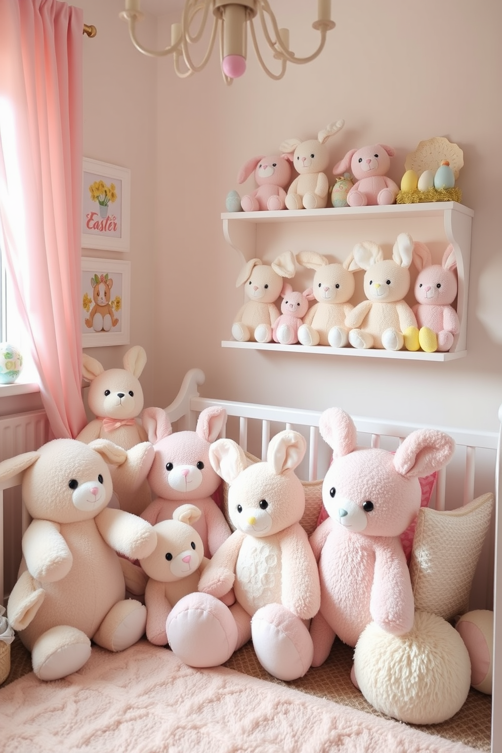 A cozy nursery filled with soft plush toys in pastel shades. The room features a gentle color palette with light pinks, blues, and yellows creating a warm and inviting atmosphere. A beautifully decorated Easter theme is evident with subtle decorations like bunny figurines and pastel-colored eggs. The plush toys are arranged thoughtfully on shelves and in cozy corners, enhancing the playful and cheerful vibe of the space.