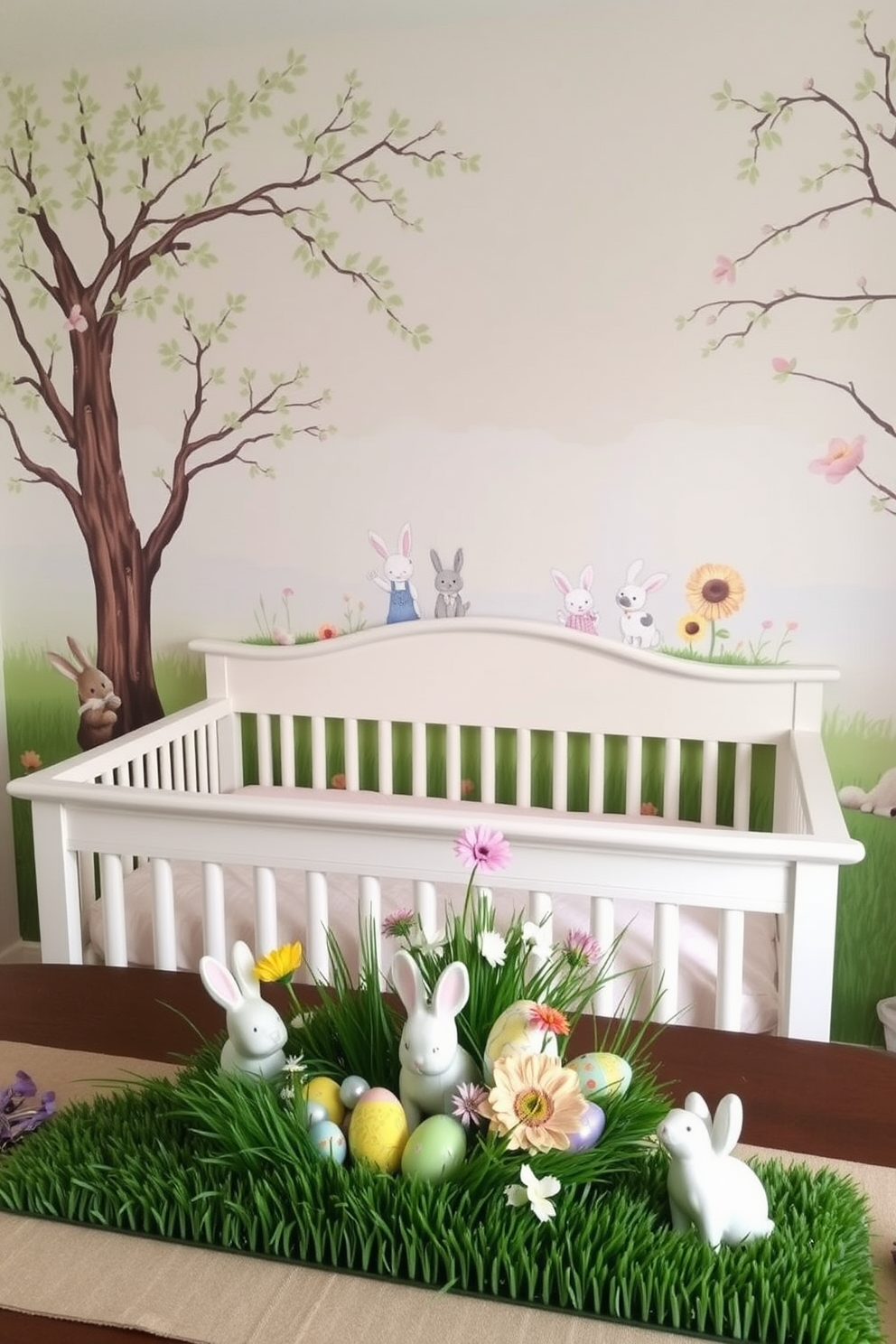 A serene nursery setting featuring nature-inspired wall murals that evoke a sense of calm. The murals depict soft pastel colors with images of trees, flowers, and gentle animals, creating a peaceful atmosphere for a child's room. Easter decorating ideas that incorporate playful elements like pastel-colored eggs and cheerful bunny motifs. The decor includes a beautifully arranged table centerpiece with fresh flowers and decorative grass, enhancing the festive spirit of the season.