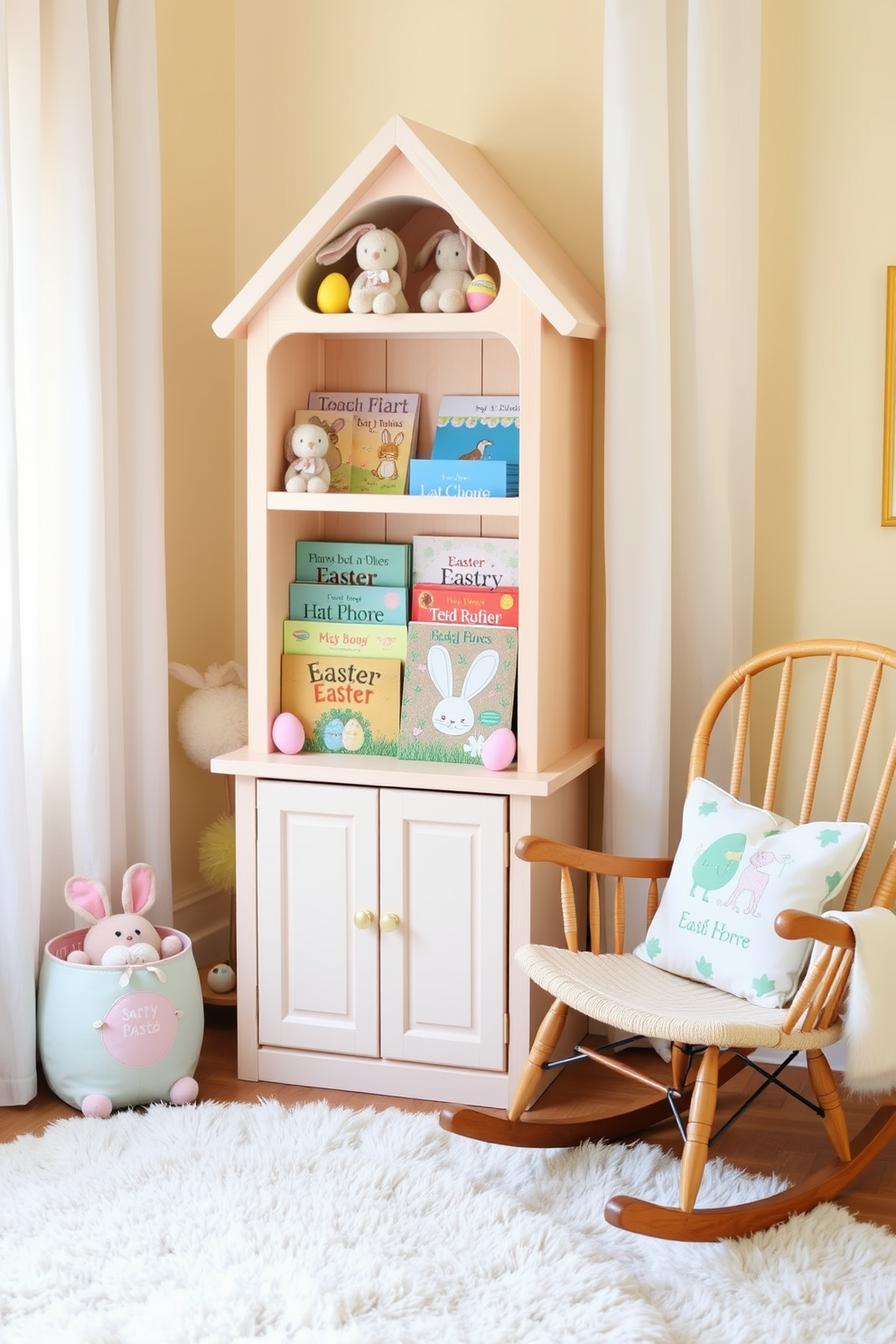 Easter themed children's books are neatly arranged on a whimsical wooden bookshelf adorned with pastel colors. Soft plush bunnies and colorful eggs are scattered around the shelf, creating a cheerful and festive atmosphere. The nursery is decorated with light yellow walls and delicate white curtains that let in natural light. A cozy rocking chair sits in the corner, surrounded by Easter-themed cushions and a fluffy rug, inviting quiet reading moments.