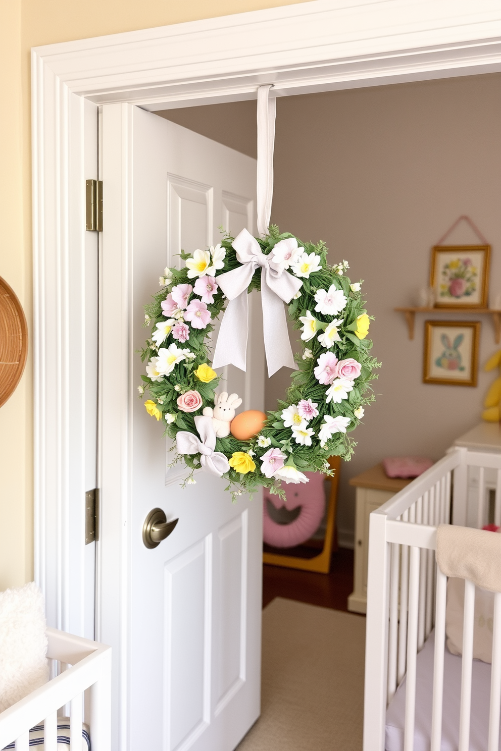 A charming nursery door adorned with a seasonal wreath made of pastel-colored flowers and soft greenery. The wreath features decorative elements like small bunnies and eggs, creating a festive and welcoming atmosphere for Easter. The nursery is decorated with cheerful Easter-themed accents, including plush toys and colorful wall art. Soft pastel shades dominate the decor, with hints of yellow and pink to evoke a sense of warmth and joy.