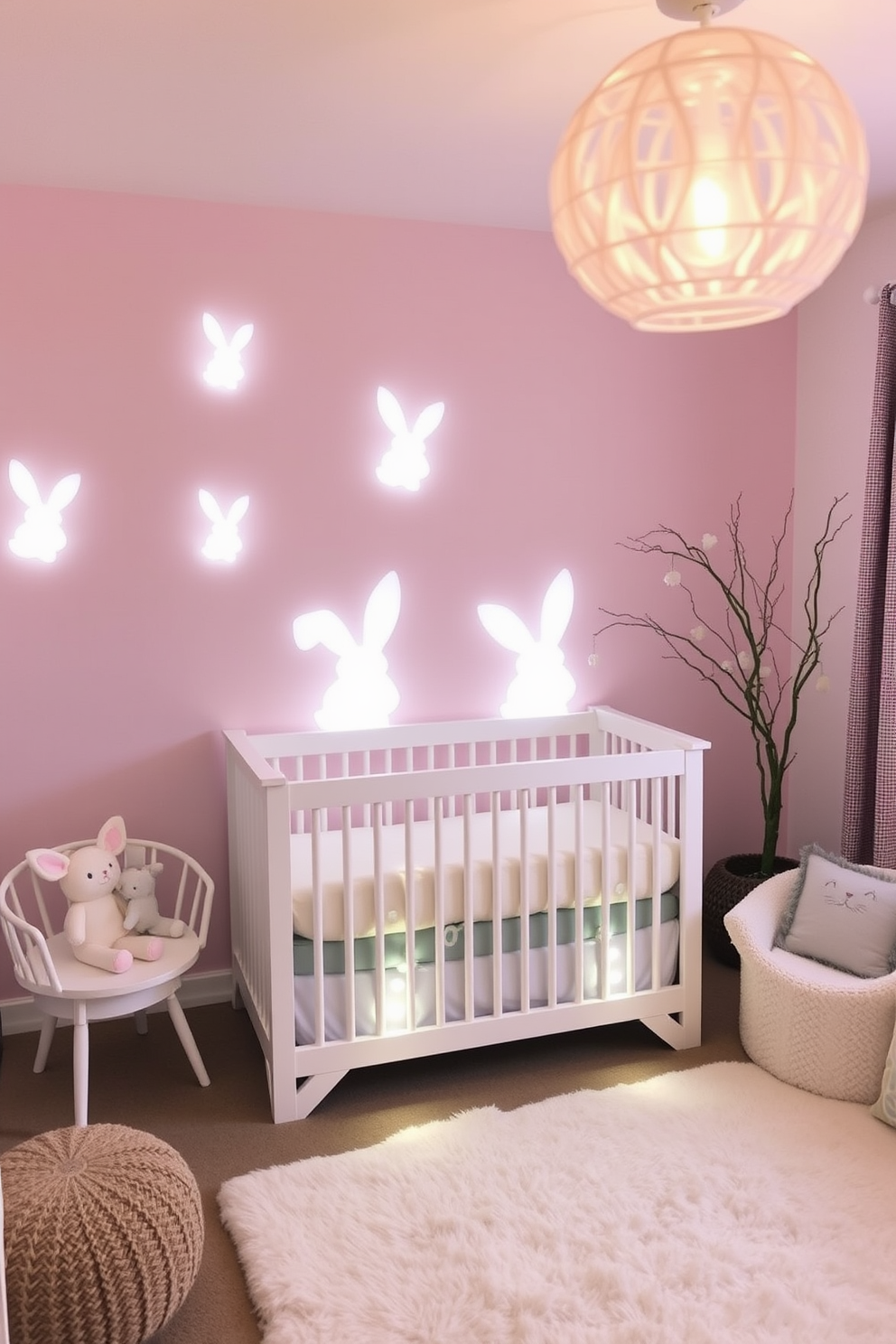 Lighted bunny silhouettes gently illuminate the nursery, creating a whimsical and cozy atmosphere. Soft pastel colors adorn the walls, while plush rugs and decorative pillows enhance the playful Easter theme.