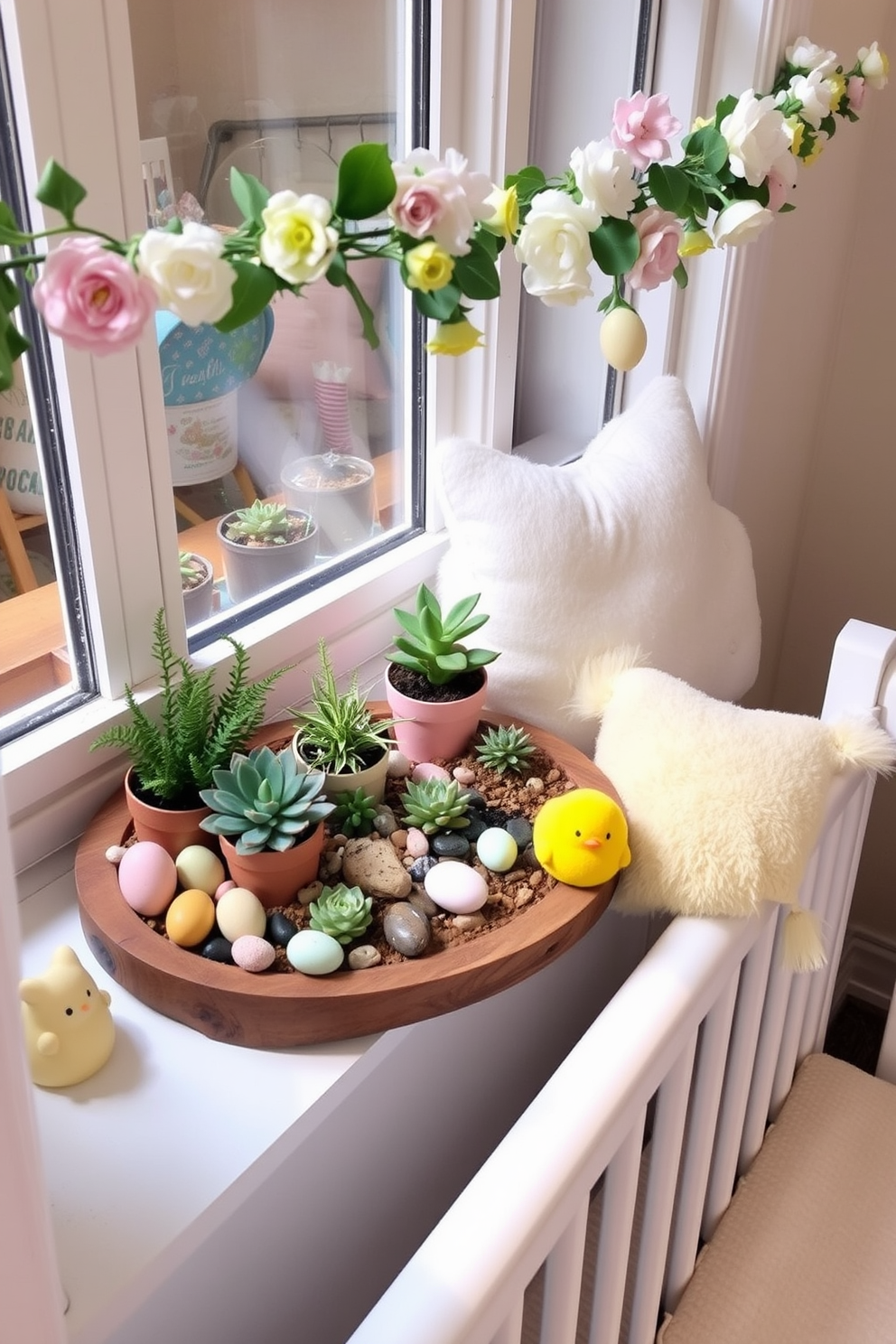 A charming miniature garden setup on a windowsill features a variety of small potted plants including succulents and ferns. The plants are arranged on a rustic wooden tray, with decorative stones and tiny figurines scattered among them. For nursery Easter decorating ideas, pastel-colored decorations such as bunnies and eggs are placed around the room. Soft, fluffy pillows in the shape of chicks and a cheerful garland of spring flowers hang above the crib.