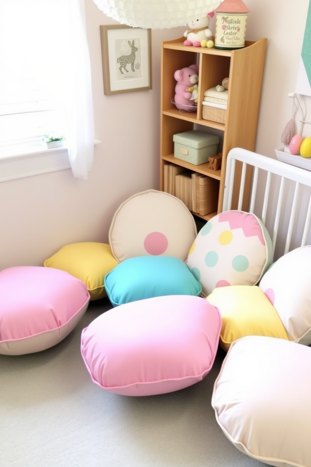 A cozy nursery corner features colorful egg-shaped cushions arranged around a low table. The cushions are in pastel shades of pink, blue, and yellow, creating a cheerful atmosphere for Easter decorating ideas.