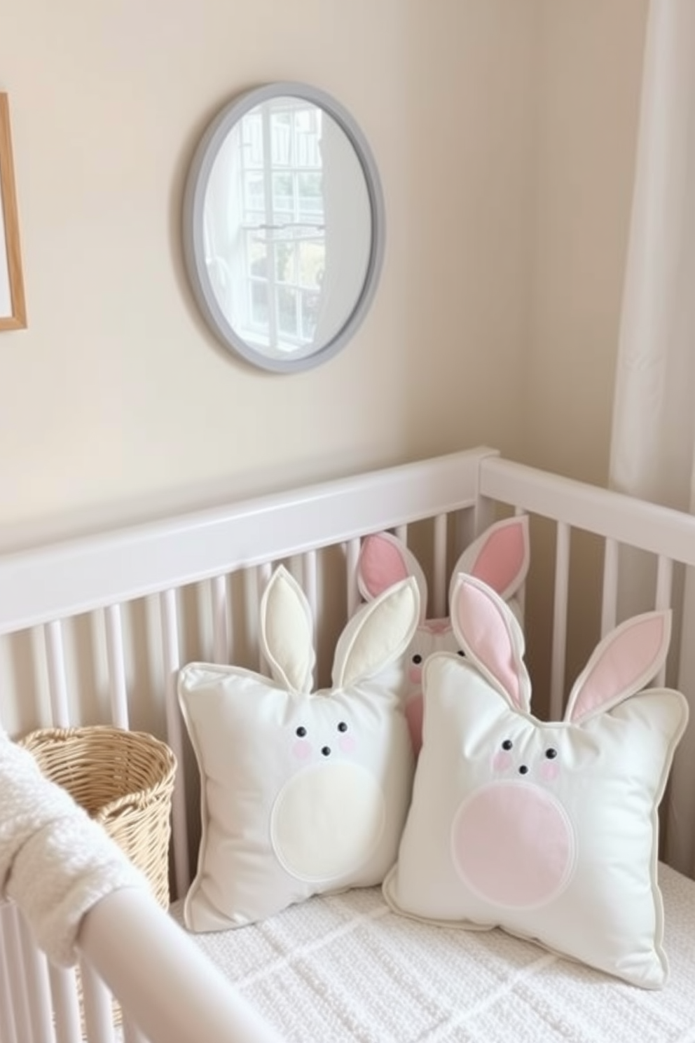 A cozy corner in a nursery features bunny-shaped pillows in soft pastel colors. These decorative pillows add a playful touch to the space, perfect for Easter-themed decorating.