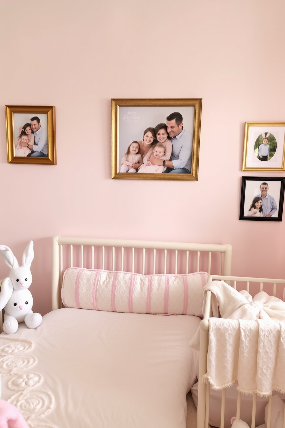 Adorable framed family Easter photos adorn the walls of a cozy nursery. Soft pastel colors dominate the decor, with bunny-themed bedding and plush toys scattered throughout the room.