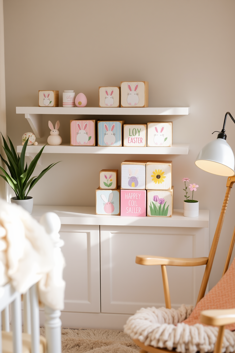 Decorative wooden blocks with Easter themes are arranged on a soft pastel-colored shelf. The blocks feature cheerful designs of bunnies, eggs, and spring flowers, creating a playful atmosphere in the nursery. A cozy corner is adorned with a plush rug and a rocking chair, inviting moments of storytelling. Soft, warm lighting enhances the festive decor, making the space feel welcoming and joyful.