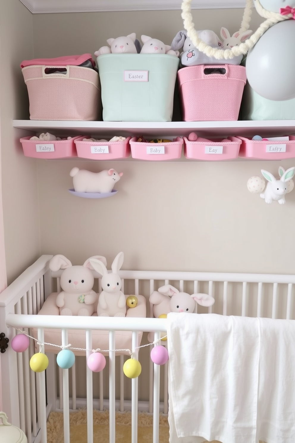 A cozy nursery adorned with pastel colored storage bins neatly arranged on shelves. The bins are filled with toys and baby essentials, creating an organized and cheerful space for little ones. Easter decorations are tastefully displayed throughout the nursery, featuring soft pastel hues and playful motifs. Delicate bunny figurines and colorful egg garlands add a festive touch to the serene environment.