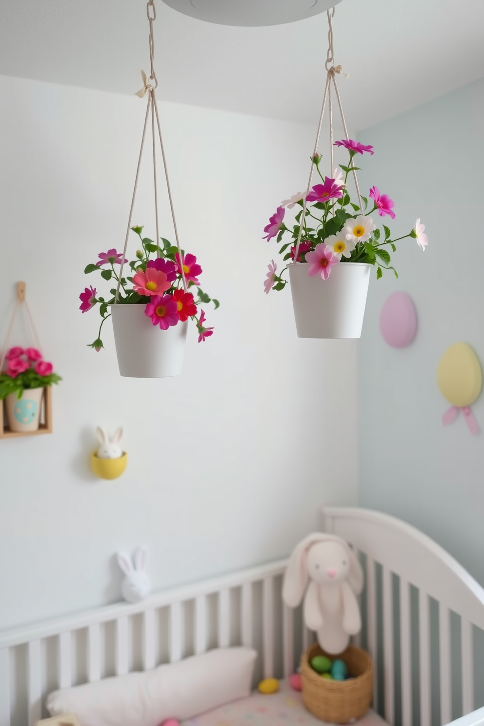 Hanging flower pots are suspended from the ceiling, filled with vibrant blooms that add a touch of nature to the nursery. Soft pastel colors dominate the decor, creating a serene and inviting atmosphere for a child's space. Easter decorations are tastefully arranged throughout the room, featuring cheerful bunnies and colorful eggs. The overall design combines playful elements with a cozy feel, perfect for celebrating the holiday.