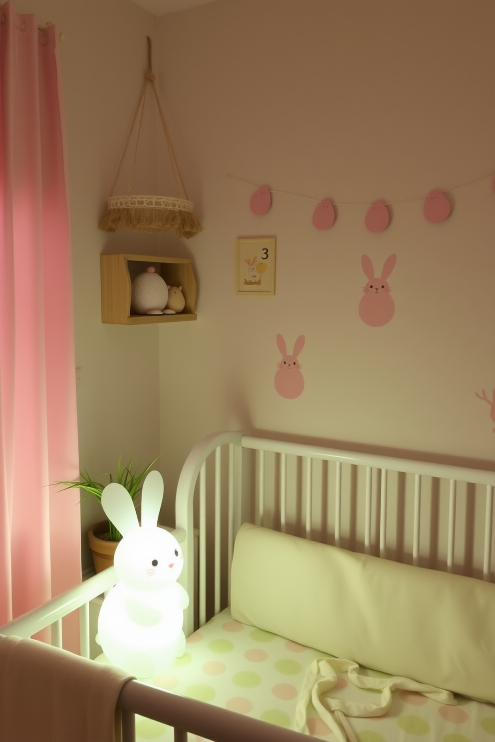 A cozy nursery adorned with Easter decorations. A soft night light shaped like a bunny illuminates the room, casting a gentle glow on pastel-colored walls decorated with playful bunny and egg motifs.